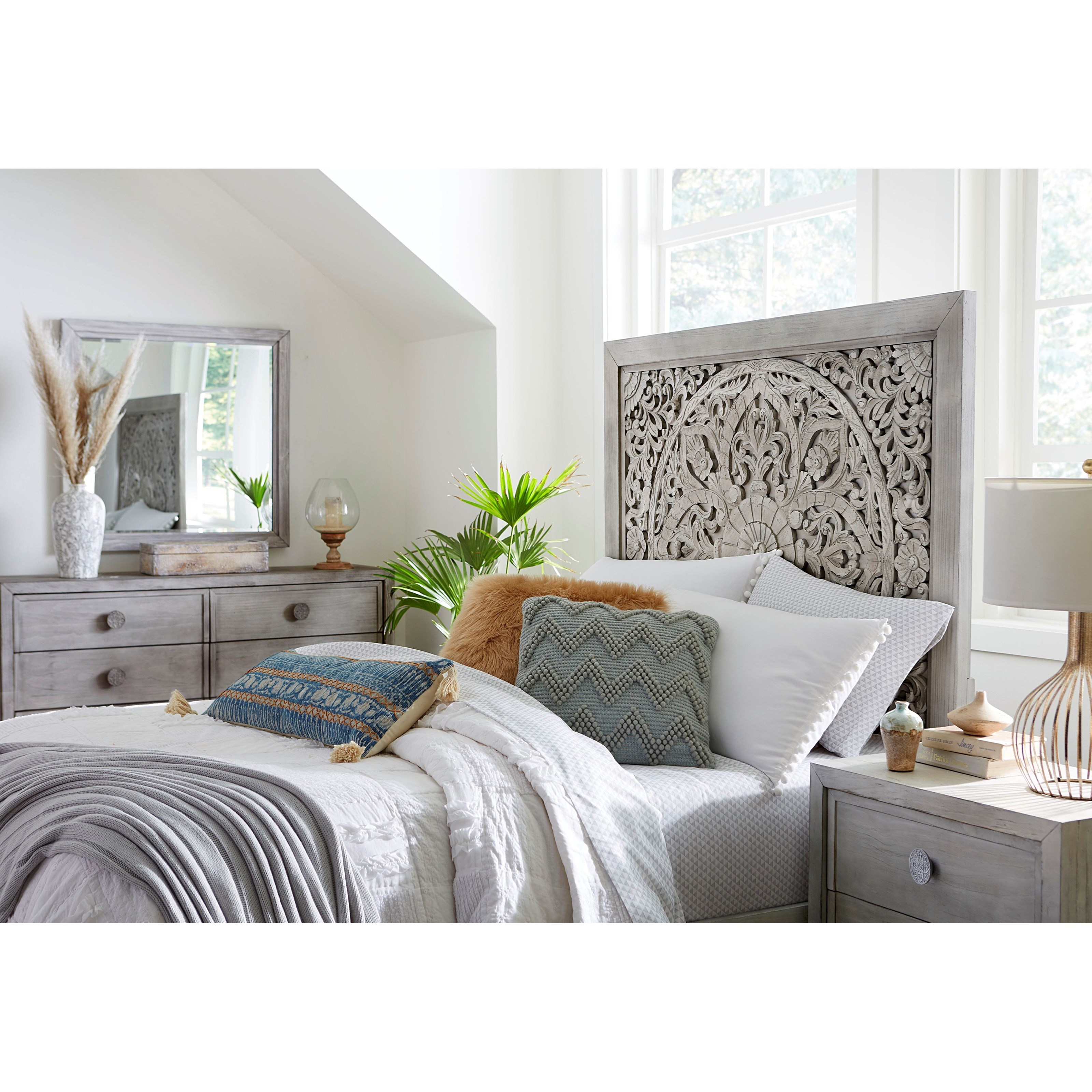 Boho Chic California King Platform Bed in Washed White with Intricate